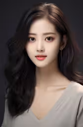 a girl with long black hair and bangs wearing an off - white top,the head of a beautiful asian girl