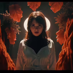 a girl in white dress standing under an orange flower