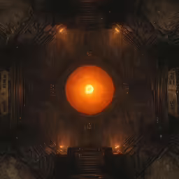 a room in the center of an ornate structure with a ceiling light