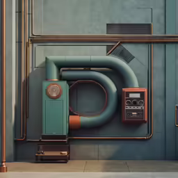 a toilet with a blue design with copper piping next to it