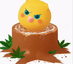 a yellow ball with a surprised look on it,the chicky is stuck in to the tree stump