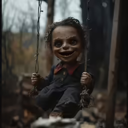 a doll that is on a rope in the woods