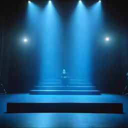a dark stage with blue lighting and set of seats, with a man on the platform surrounded by other lights