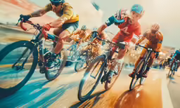 many cyclists are racing their bikes on the street
