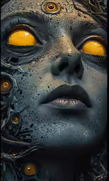 a woman with yellow eyes and dark skin