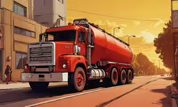 the truck is going down the road in the city,a red truck driving down the street on a sunny day