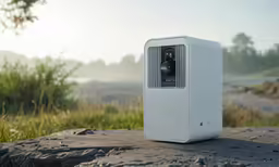 a white computer tower sits on the edge of a rock