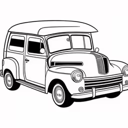 a black and white drawing of a bus,a car with a surf board on the roof