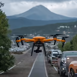 there is a orange flying remote control object next to a road