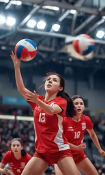 two volleyball players with each other are attempting to get the ball