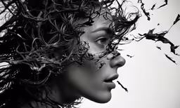 the black and white photo shows birds flying over the head of a woman