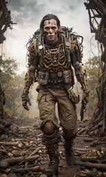 a man with a skeleton face and metal body in an army uniform