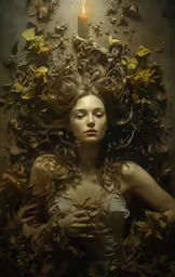 a woman surrounded by many branches has a candle in her hand