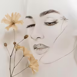 an altered photograph of a woman with flowers in her hands