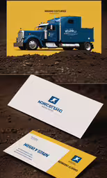 a truck with a blue dumpster is shown next to a card,business card design for a moving company called mountain service