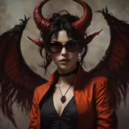 the woman is wearing big red horned horns