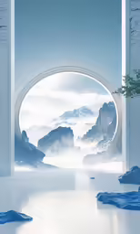a circular doorway with mountains in the background