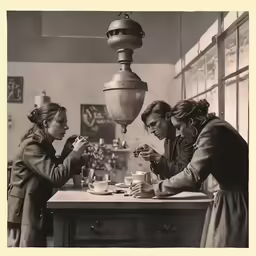 an old photo of three girls sitting at a table
