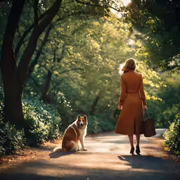 a woman with her dog walking down a path