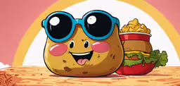 a potato sitting with its eyes closed and sunglasses on,a potato wearing sunglasses next to a sandwich