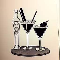 a couple of glasses that are on top of a table,a card with drinks in a glass next to an empty bottle