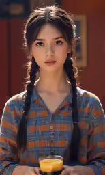 a girl with a braid is holding a cup