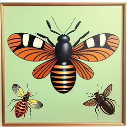 painting depicting a group of bees,two insects on a green background in a frame