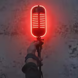 a red microphone with bright neon on top