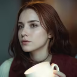 a close - up of a woman holding a coffee mug