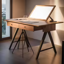 a wood desk with open laptop and two wine glasses sitting on it