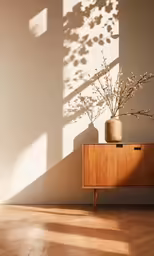 a vase with a plant in it sitting on a dresser