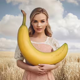 girl holding giant banana in front of grassy field