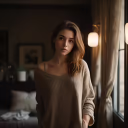 a young woman is staring out a window