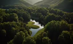 a stream of water surrounded by lush green hills
