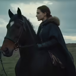 a woman in a cape riding a horse on a cloudy day