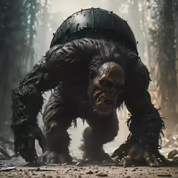 a creature is running through the woods in a heavy suit