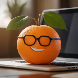 an orange with a smile and glasses sitting next to a laptop