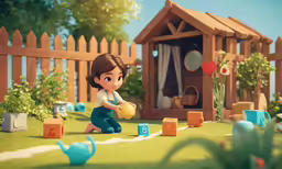 a small cartoon character building blocks in a backyard