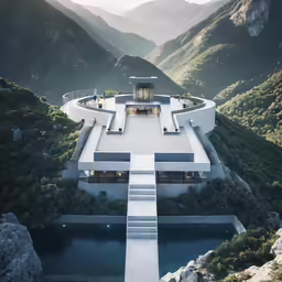 a house is perched in the mountains with a lake below