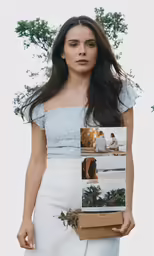 a woman is holding a book with pictures of a couple on it