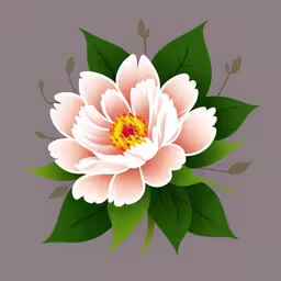 a pink flower with green leaves floating on the water,a colorful flower with large green leaves,this is a beautiful flower that looks like a peony,a close up of a pink flower on a gray background,a white and pink flower with leaves on it