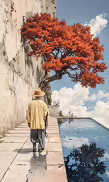 a man walking down a street past a tree