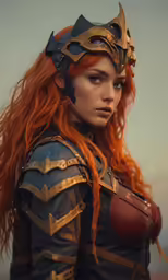 a beautiful lady with long red hair wearing armor and helmet
