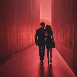 a couple walking along a red concrete corridor