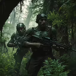 three soldiers in the jungle holding guns