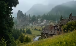 there is a mountain village on the side of a hill