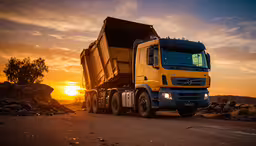 a large truck with the sun setting behind it,the truck is sitting on a road near rocks
