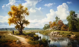 painting of a couple looking at a tree
