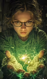 a boy in green sweater holding small lit hands with sparkles