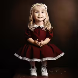 an adorable young girl dressed in red dress and sneakers